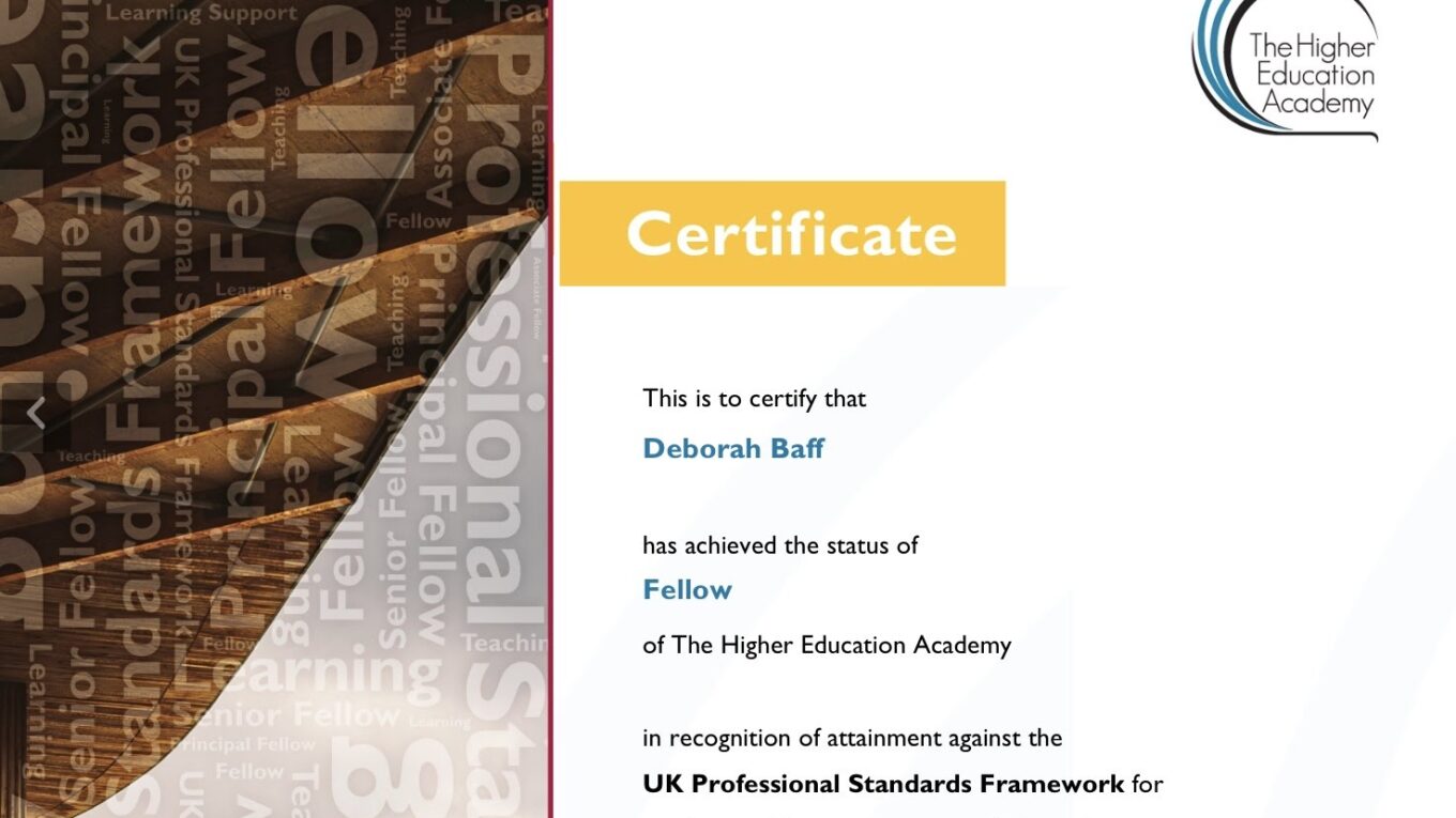 My Certificate confirming Fellowship of Advance HE